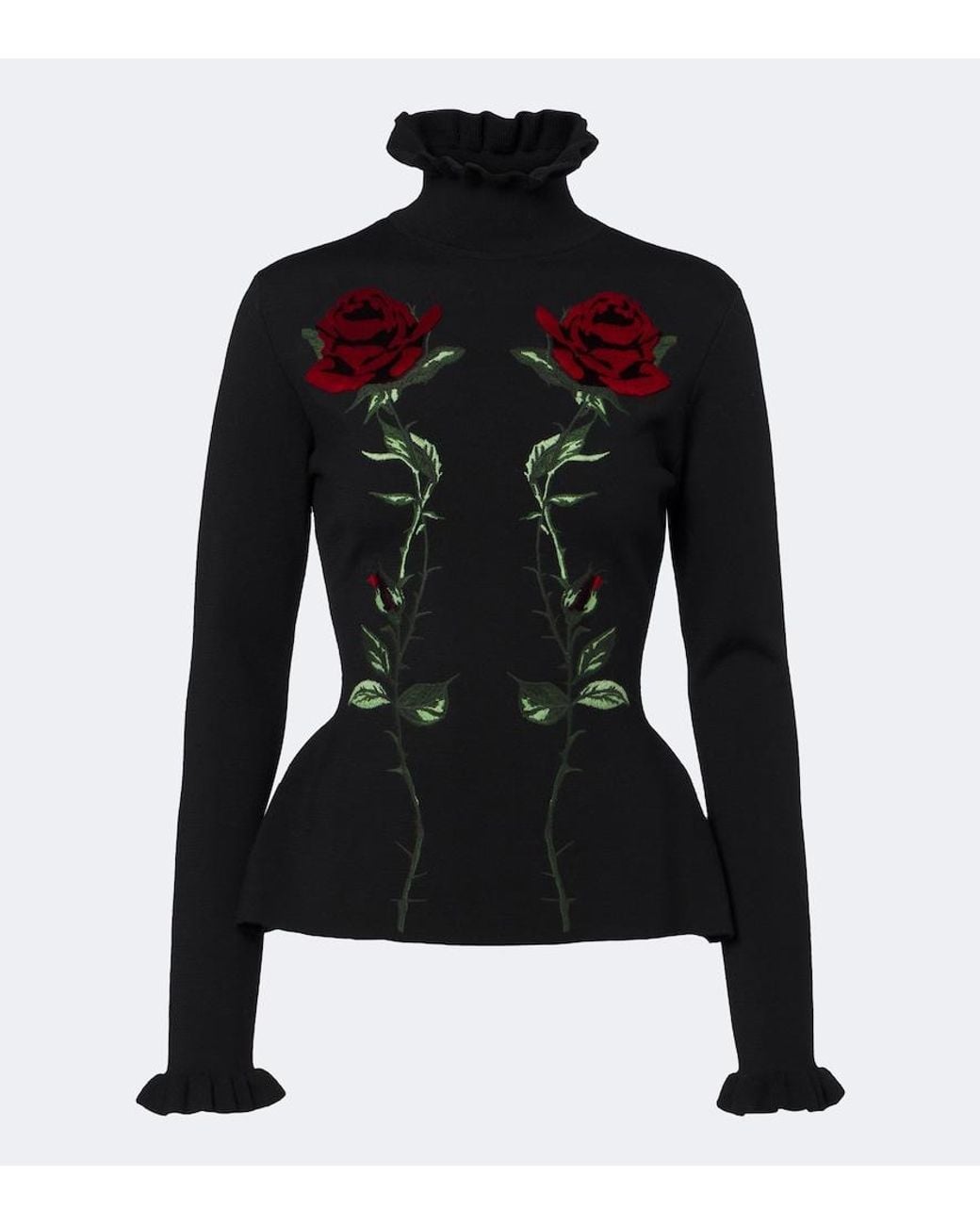 Blumarine Black Embroidered Ruffled Virgin Wool Sweater
