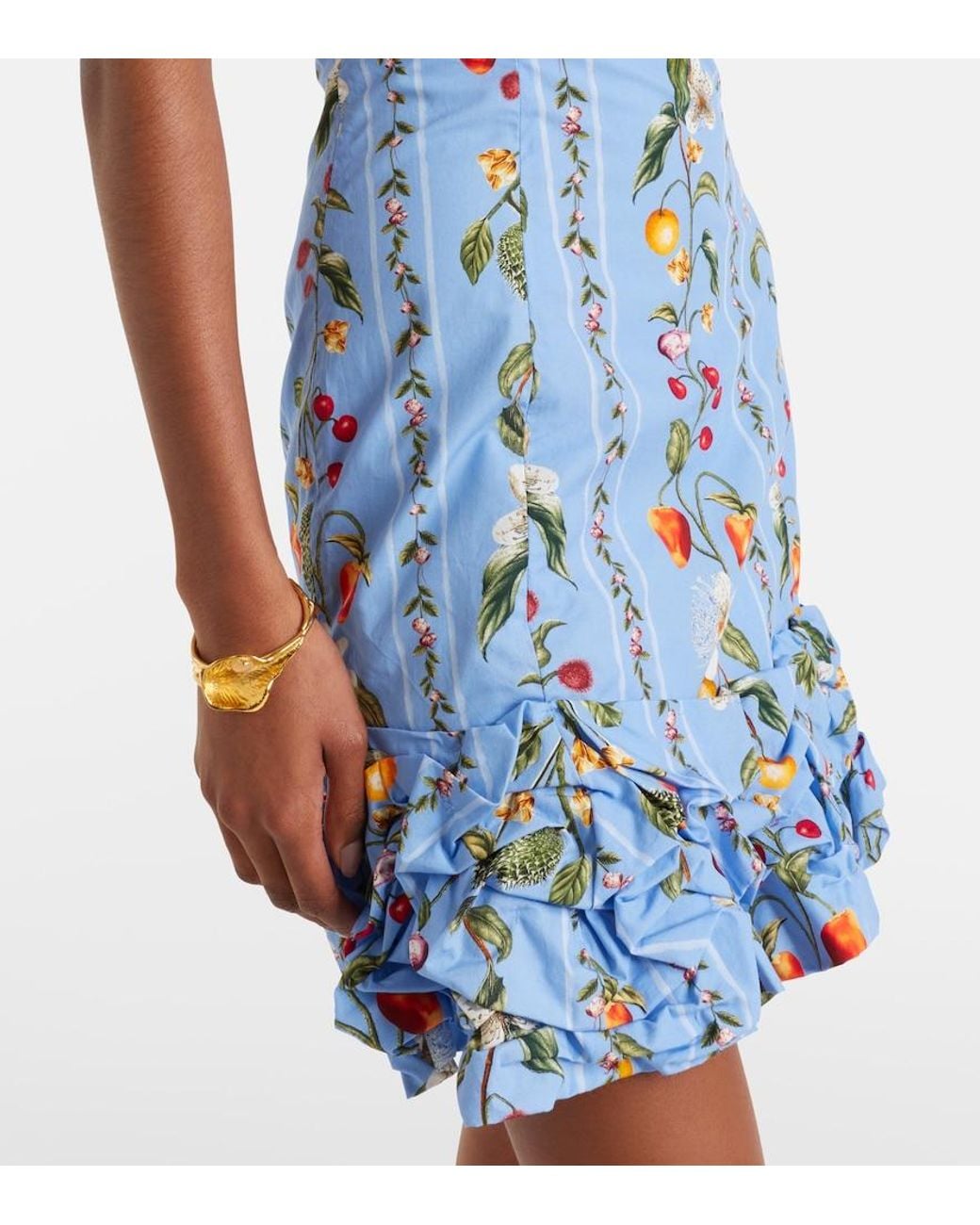 Agua Bendita Blue Jardin Printed Off-Shoulder Cotton Minidress