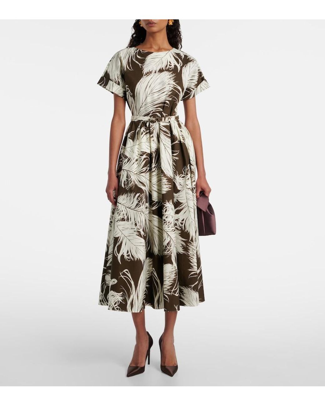 Oscar de la Renta Natural Printed Cotton-Blend Poplin Midi Dress