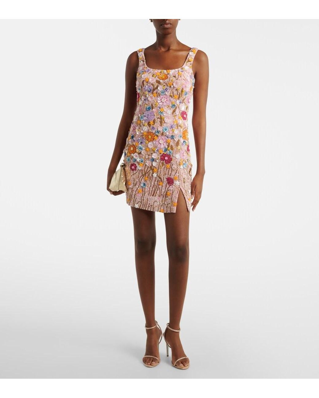 La Fuori Pink Embellished Floral-Applique Minidress