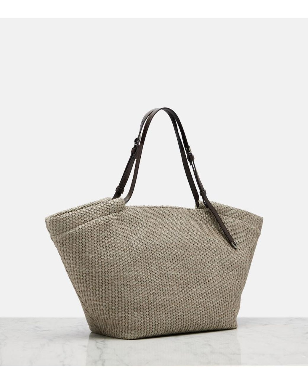 Brunello Cucinelli Gray Leather-Trimmed Raffia Tote Bag