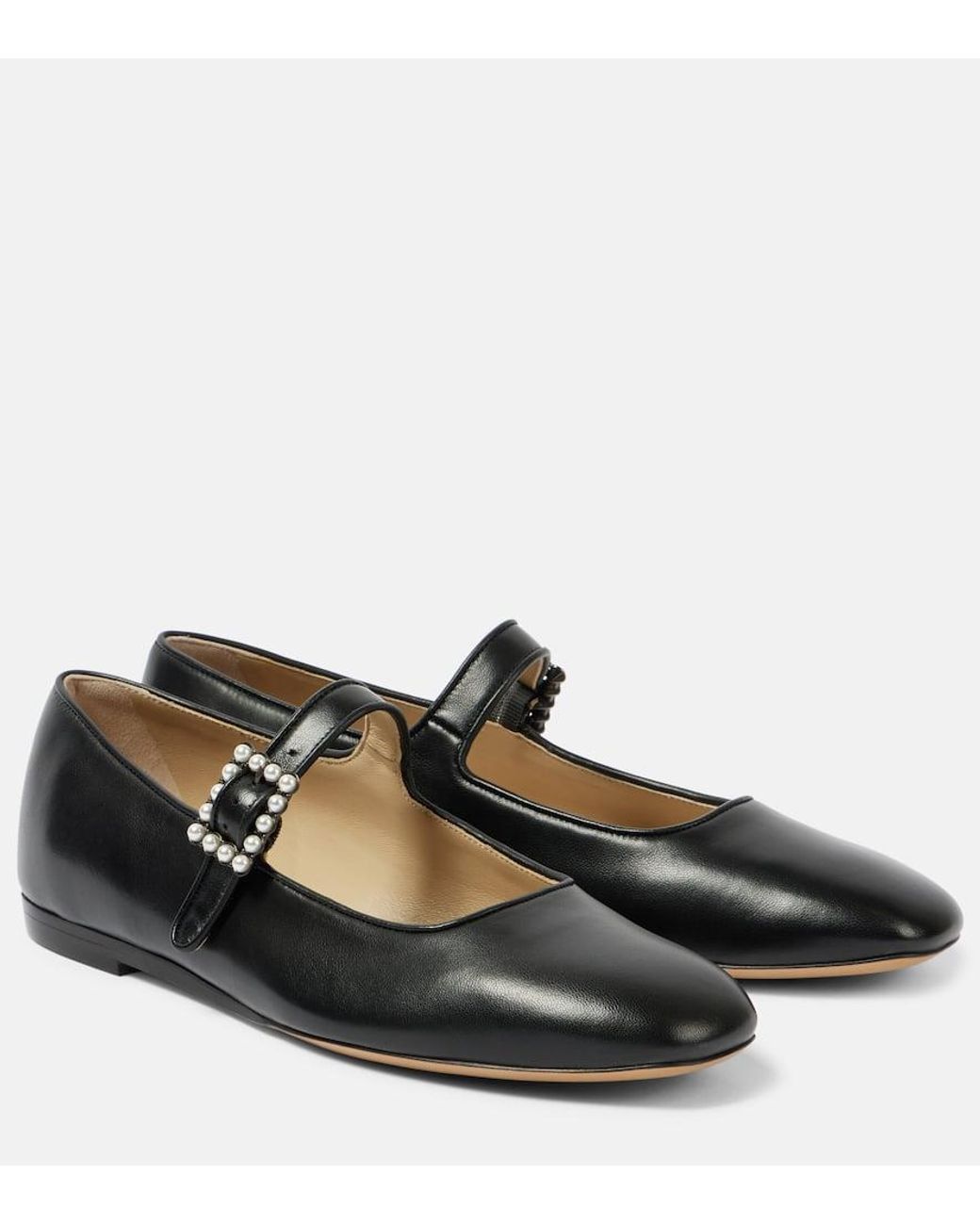 Le Monde Beryl Pearl-Embellished Leather Mary Jane Flats in Black | Lyst