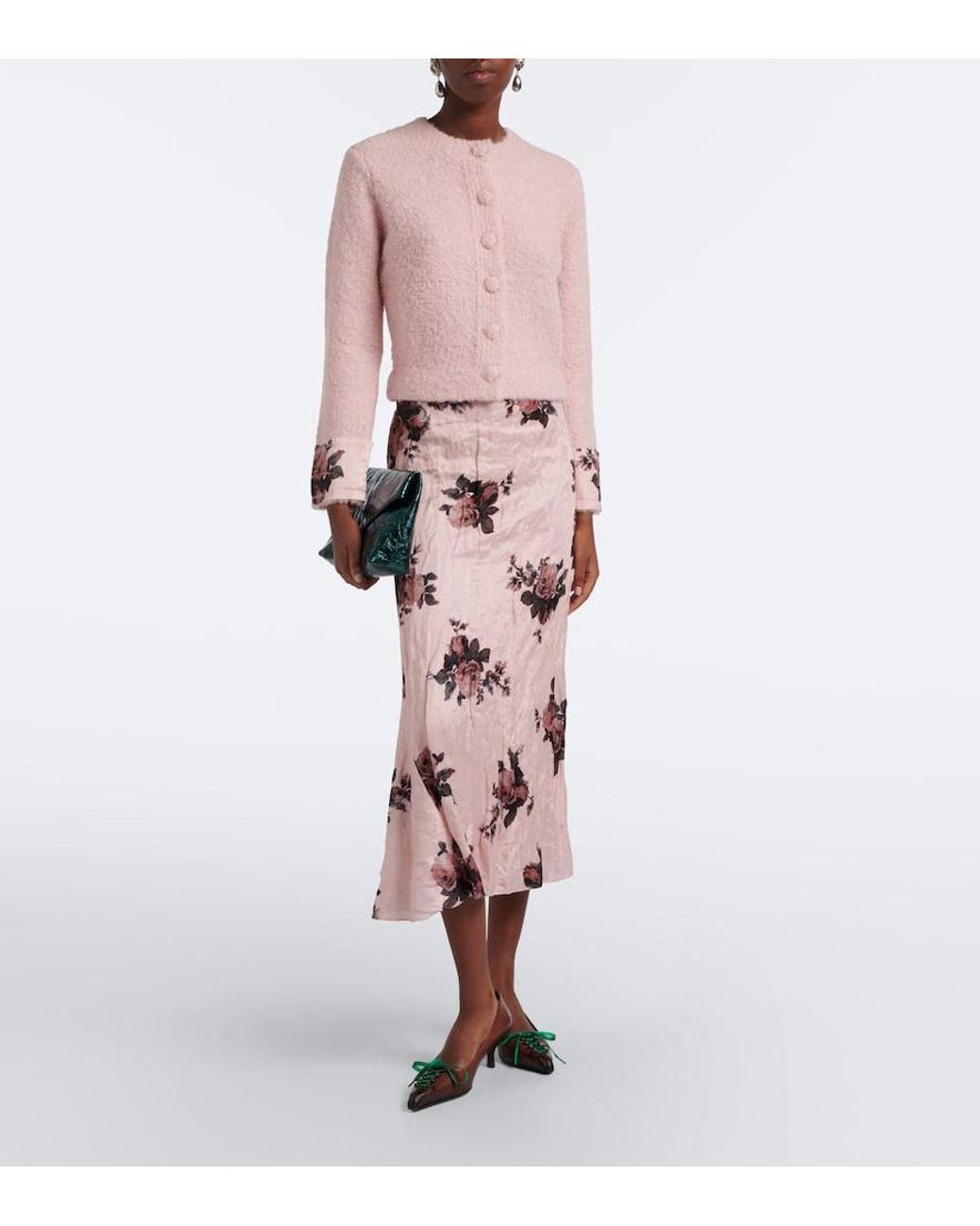 Erdem Pink Floral Satin Midi Skirt