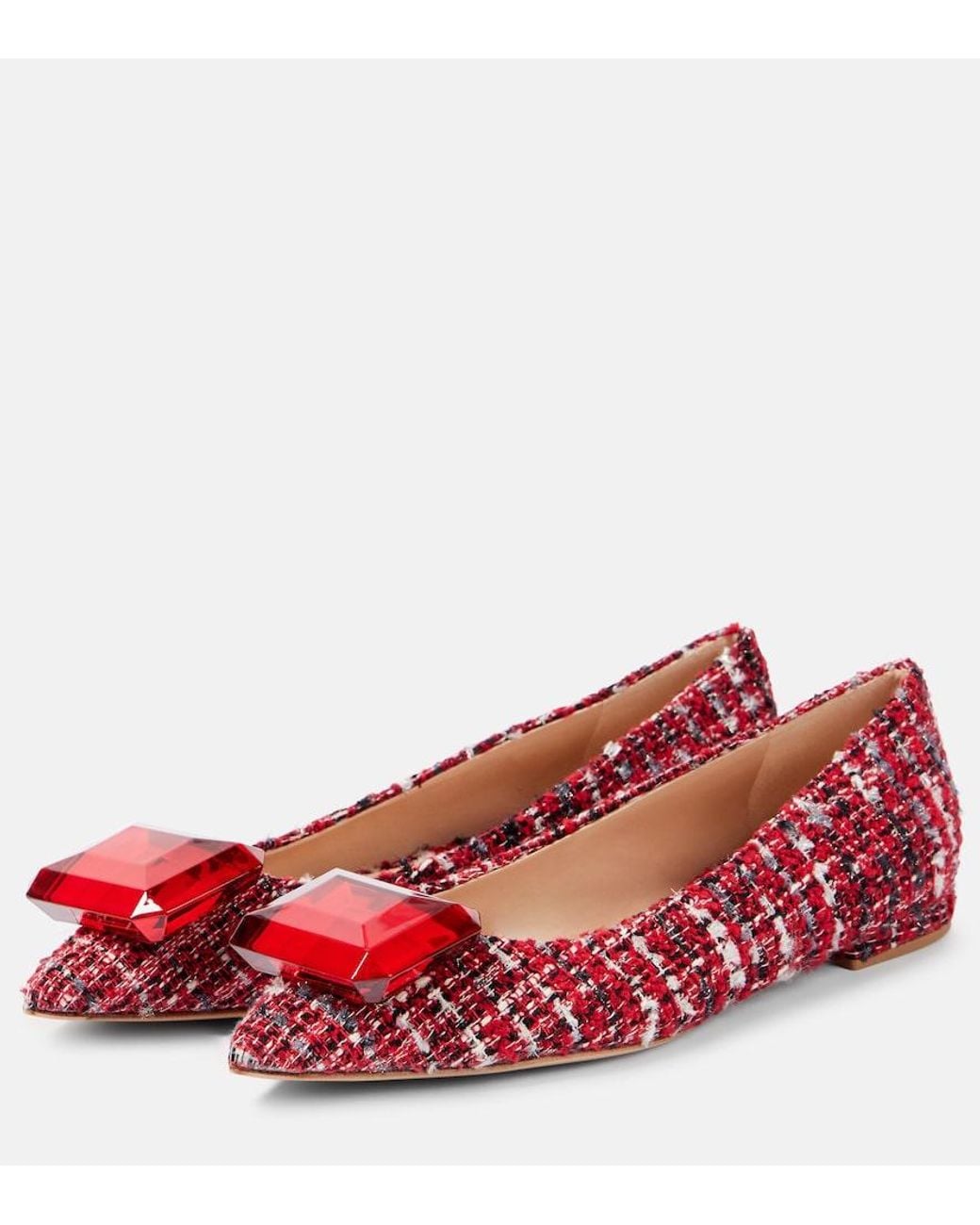Gianvito Rossi Red Embellished Boucle Ballet Flats