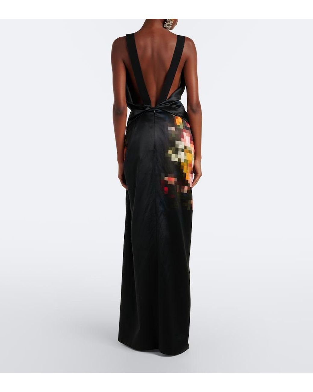 Dries Van Noten Black Draped Printed Silk Satin Gown