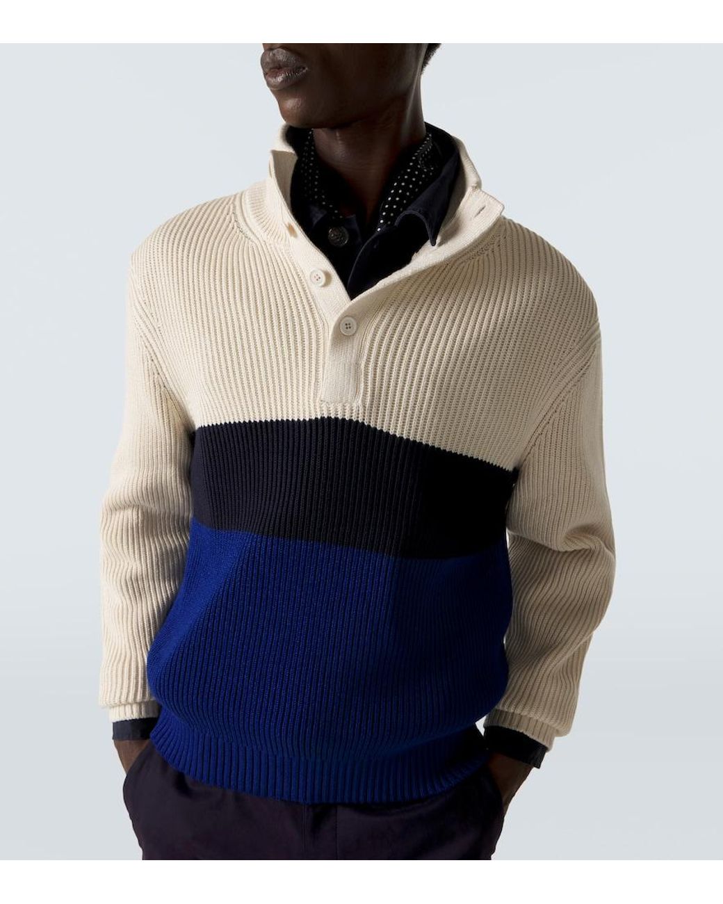 Dunhill Blue Colorblocked Cotton And Silk Sweater for men