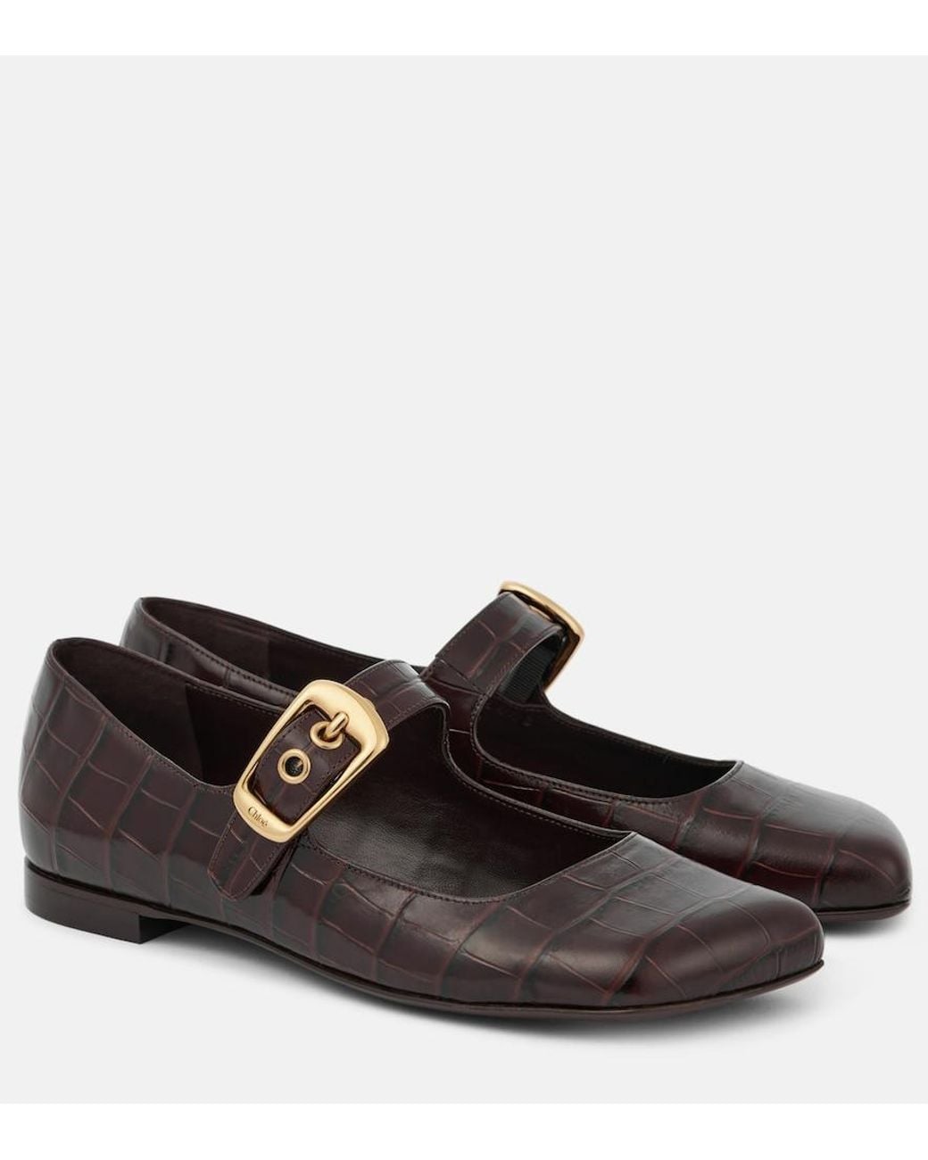 Chloé Black Polly Croc-Effect Leather Mary Jane Flats