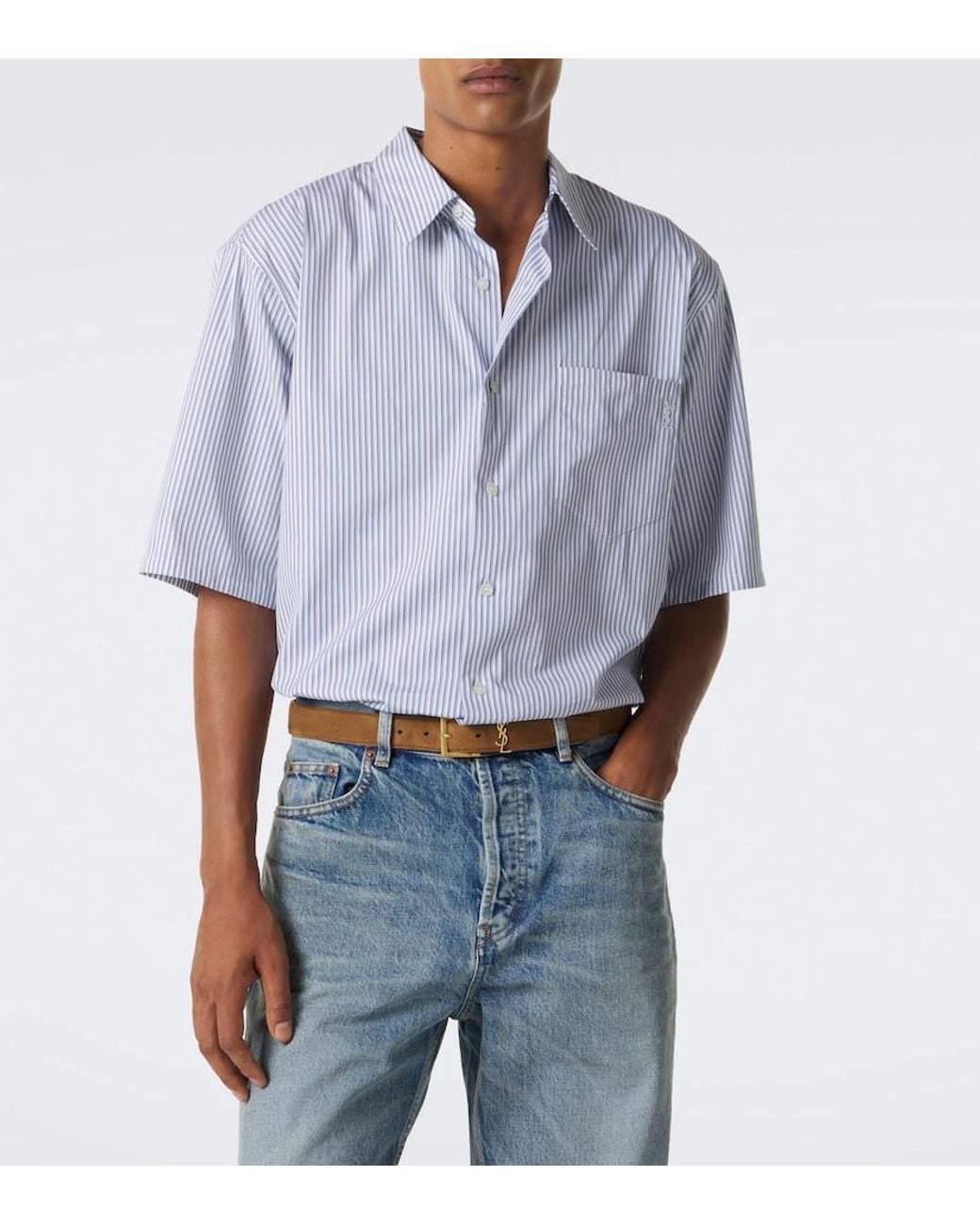 Saint Laurent Blue Cassandre Striped Cotton Shirt for men