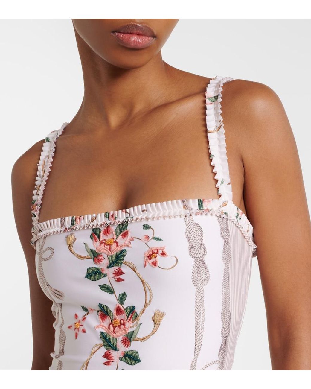 Agua Bendita White Limon Ruffled Embroidered Swimsuit