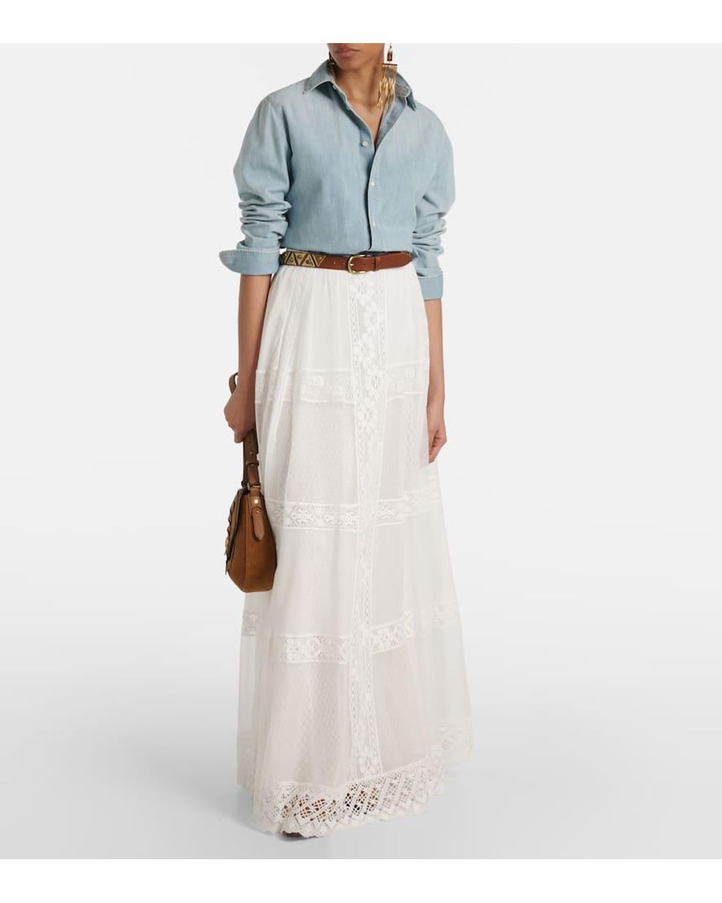 Ralph Lauren White Malti Cotton And Silk Maxi Skirt