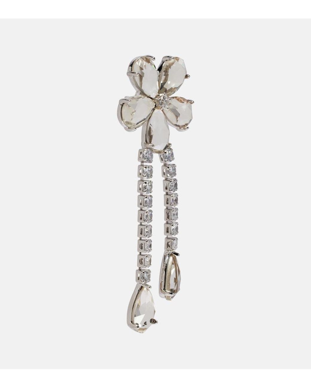 Self-Portrait White Crystal-Embellished Floral Drop Earrings