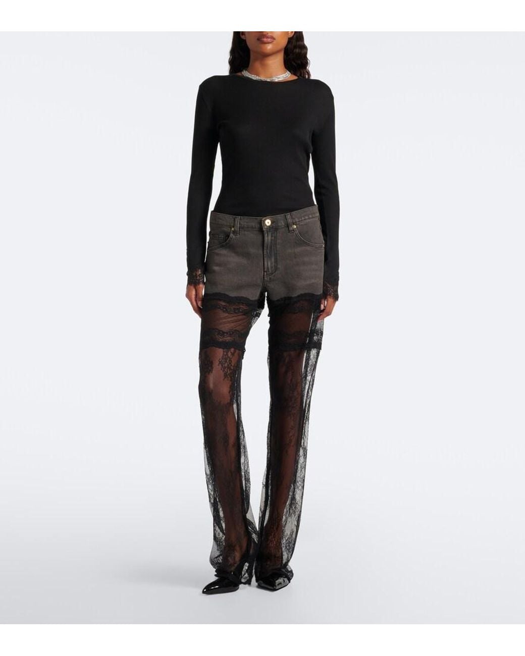 Blumarine Gray Lace-Trimmed Wide-Leg Jeans