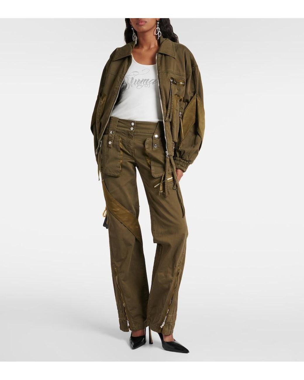 Blumarine Green Mid-Rise Flared Cargo Jeans