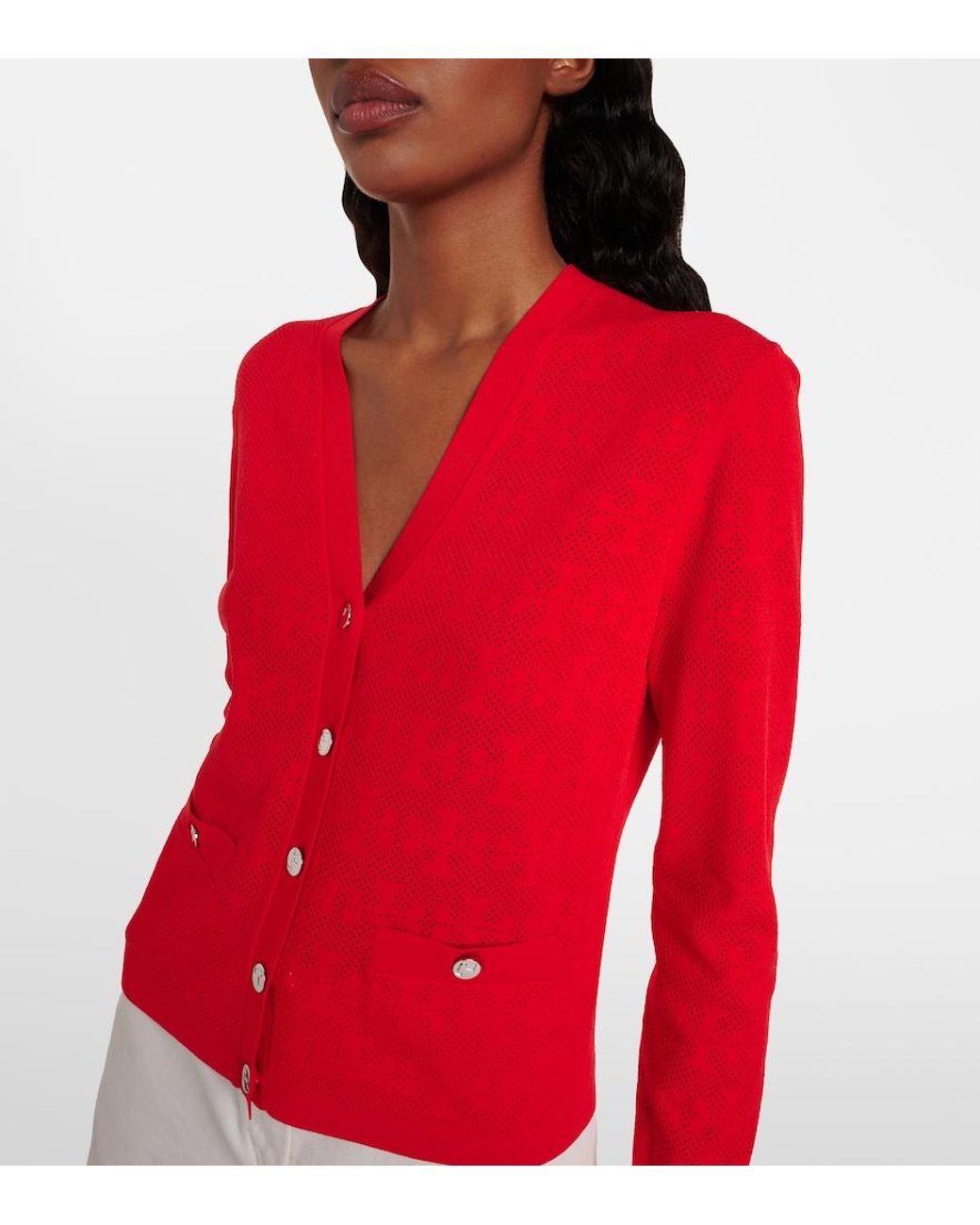 Tory Burch Red T Monogram Jacquard Cardigan