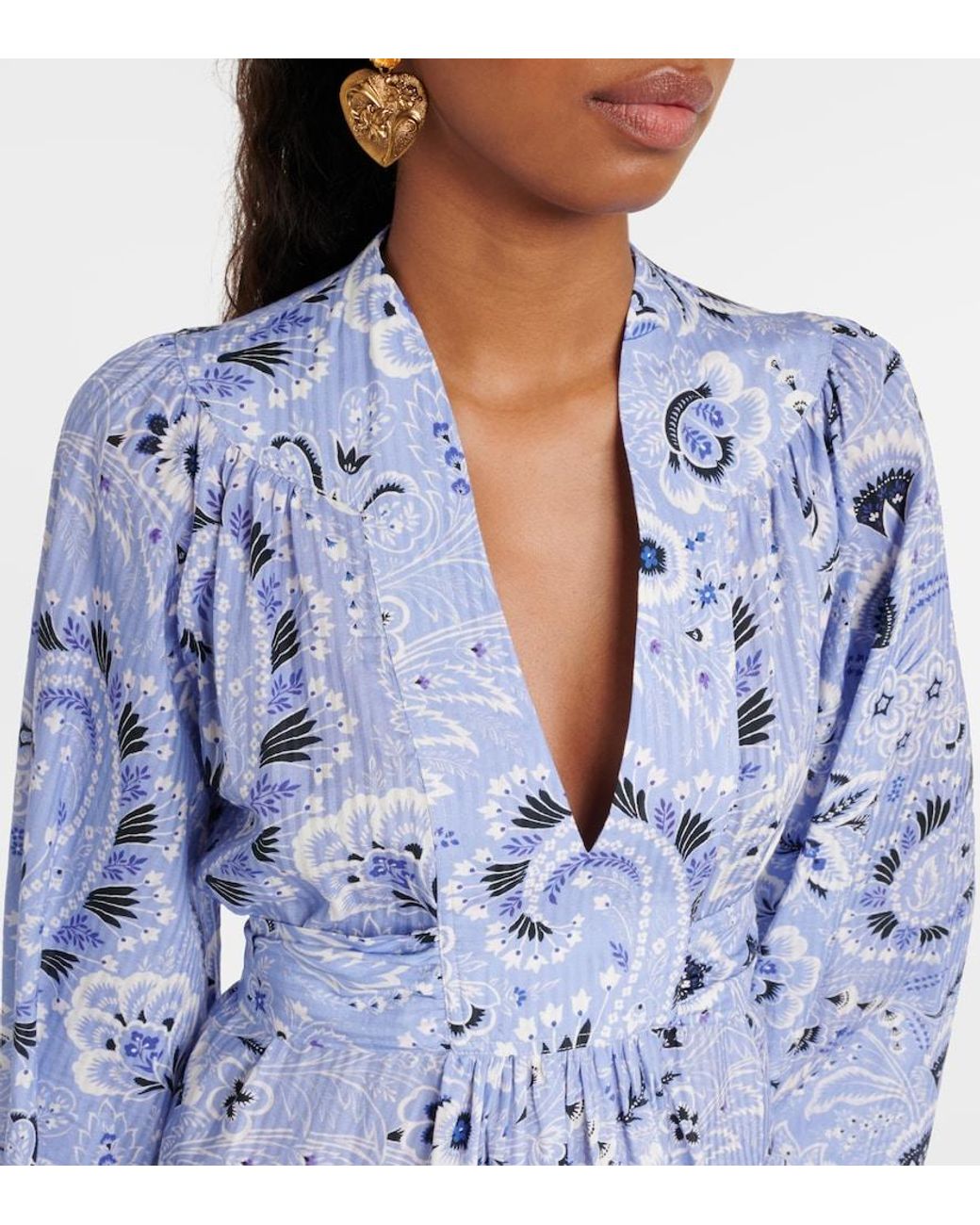 Etro Blue V-Neck Printed Cotton-Blend Minidress