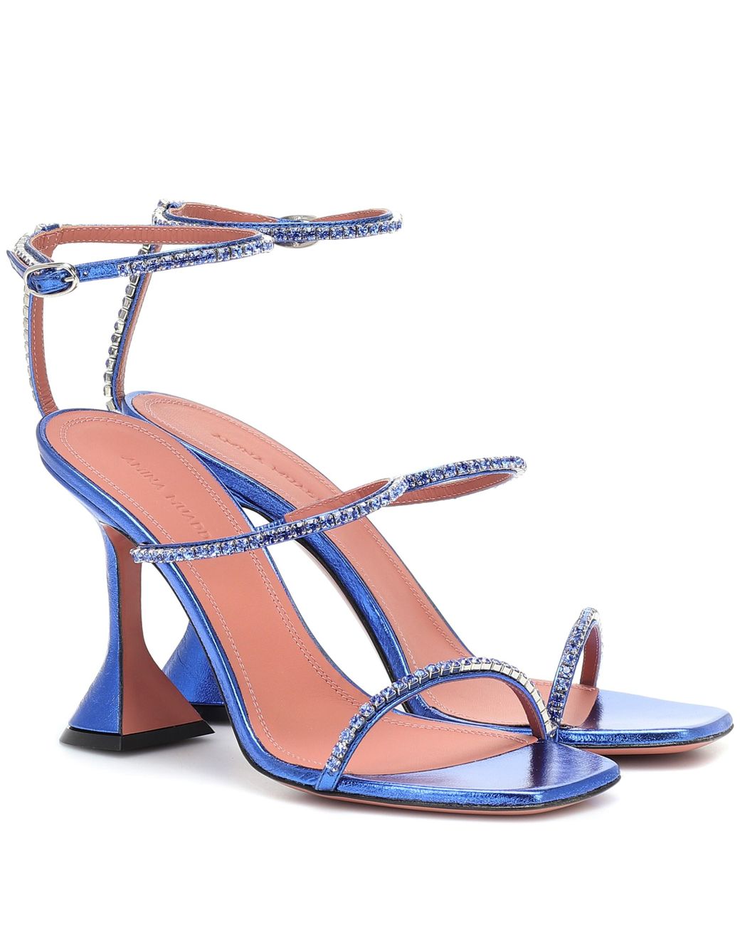 AMINA MUADDI 100mm Gilda Metallic Leather Sandals in Blue | Lyst