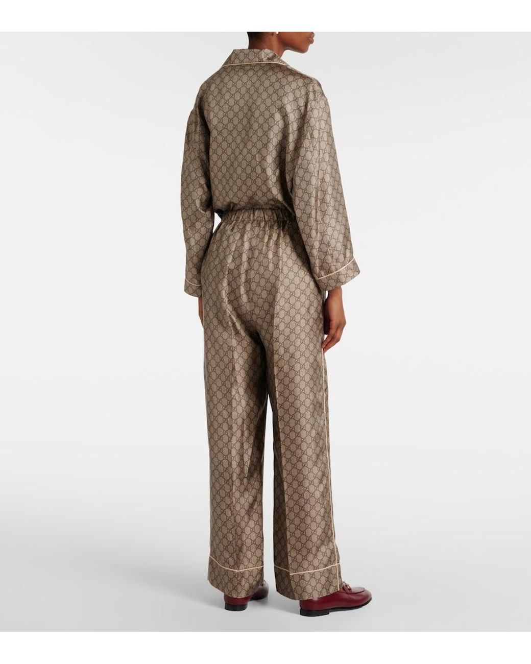 Gucci Natural Gg Supreme Printed Silk Twill Wide Pants