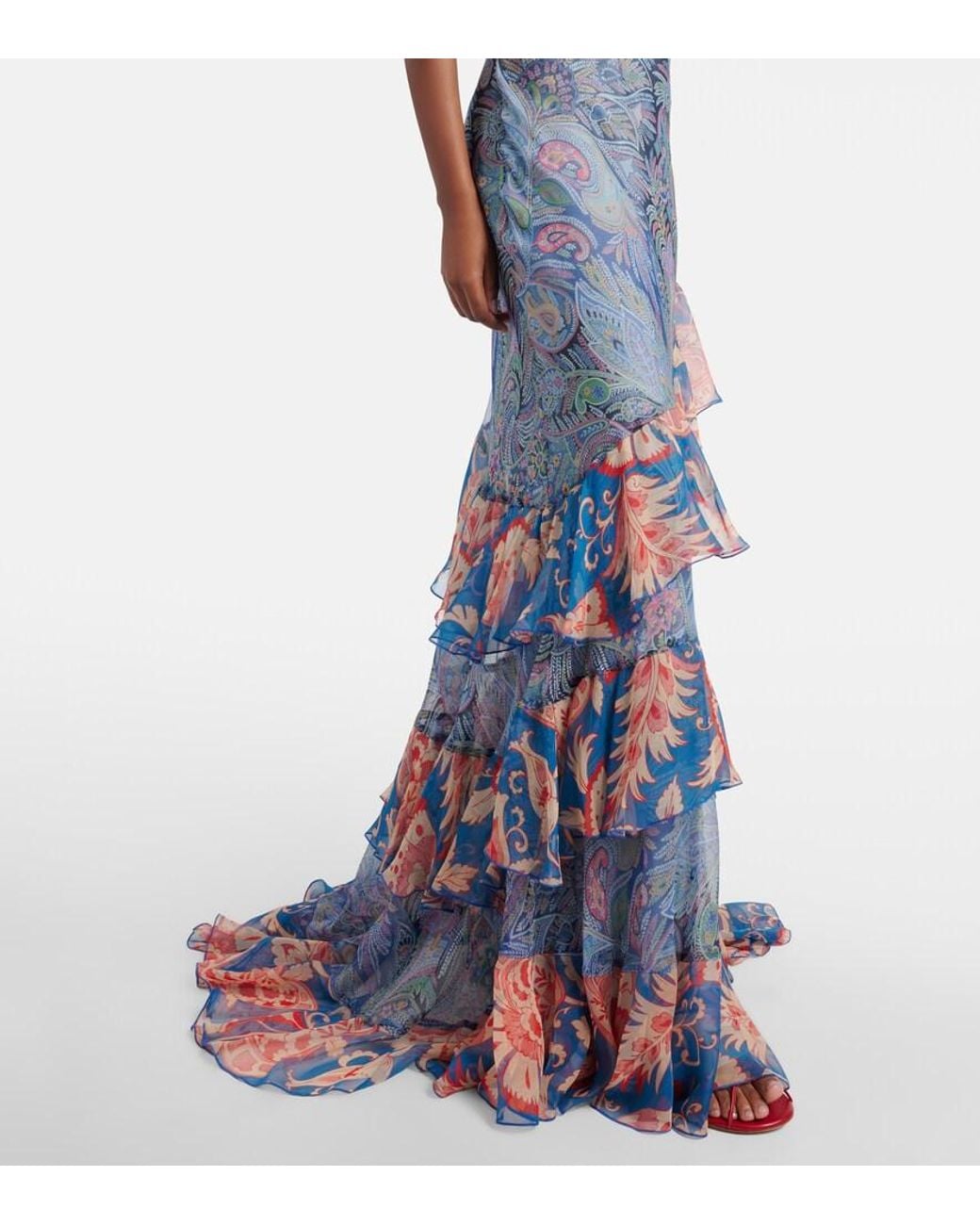 Etro Blue Paisley Floral Tiered Silk Chiffon Maxi Dress