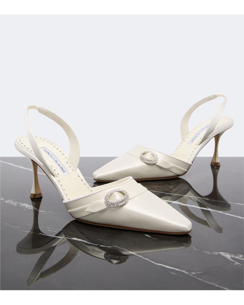 Manolo Blahnik White Zutoslipla Embellished Satin Slingback Pumps