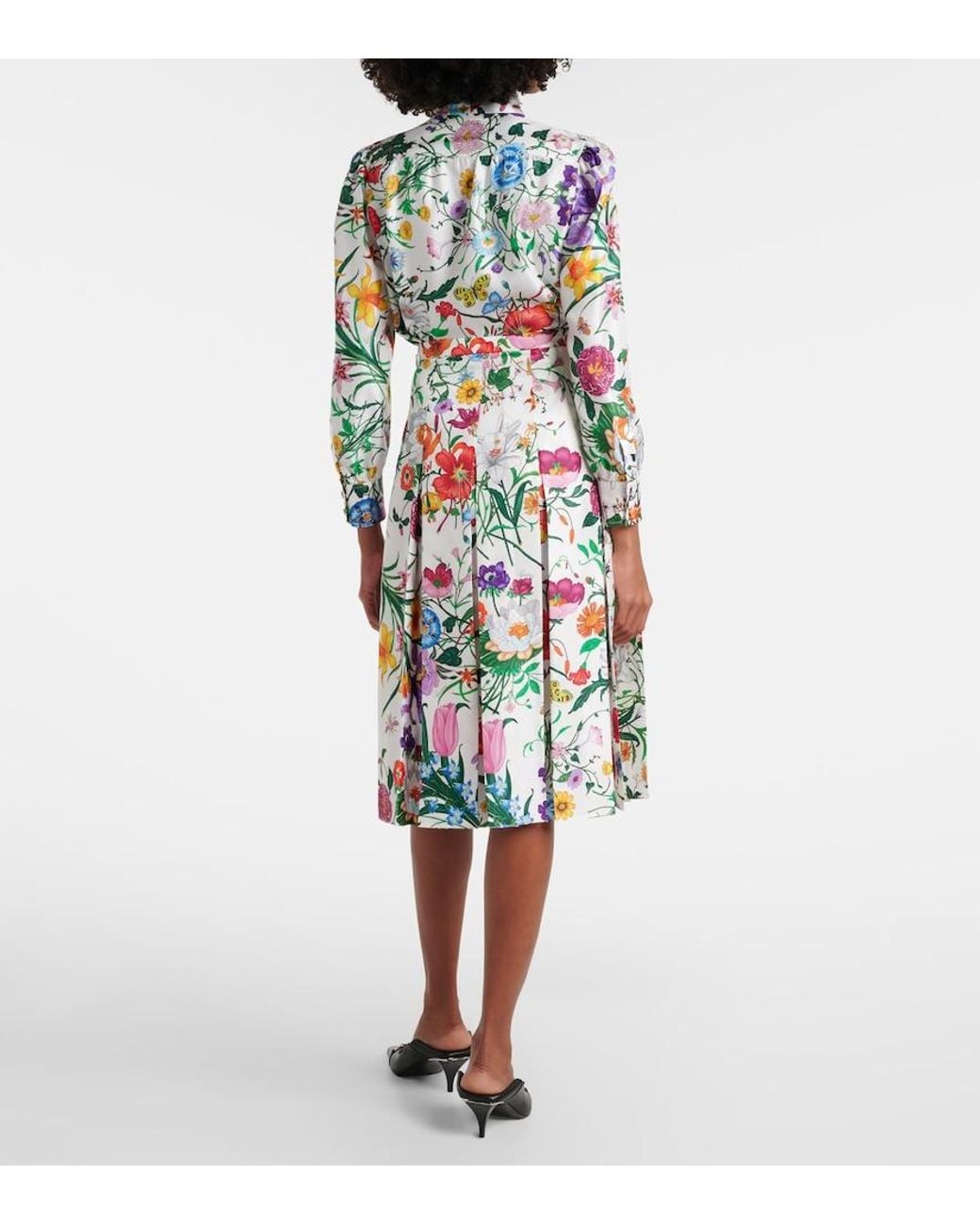 Gucci White Flora Pleated Silk Midi Skirt