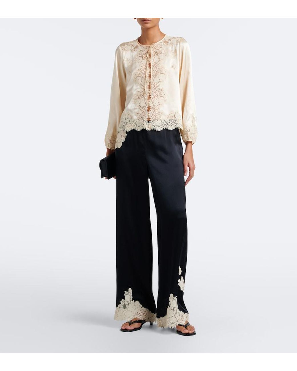 Doen Natural Lucine Lace-Trimmed Silk Satin Blouse