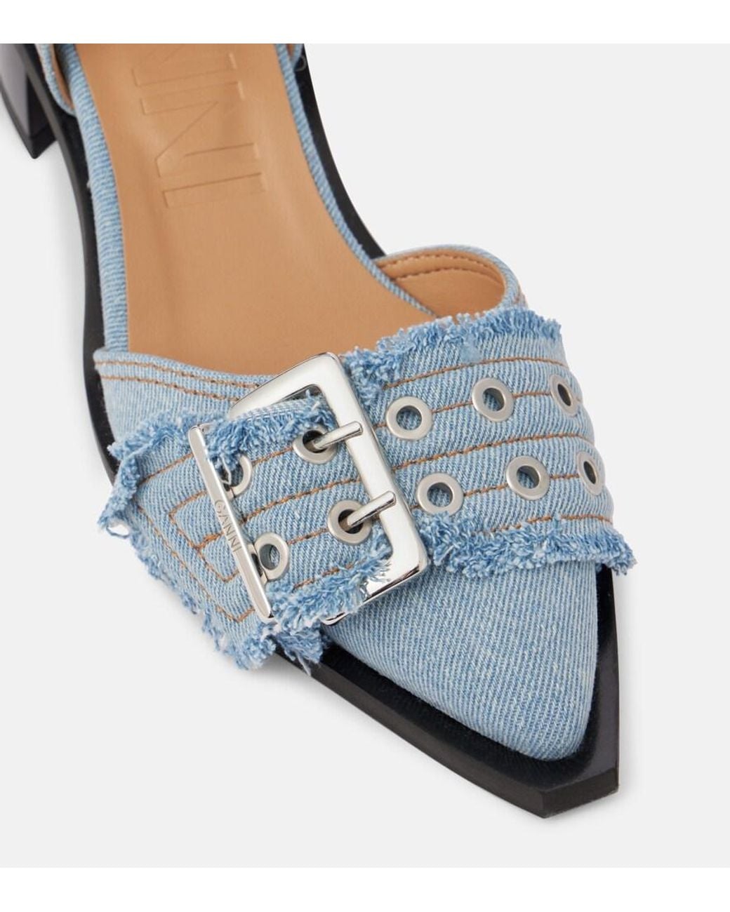 Ganni Blue Denim Feminine Buckle Open Cut Heels