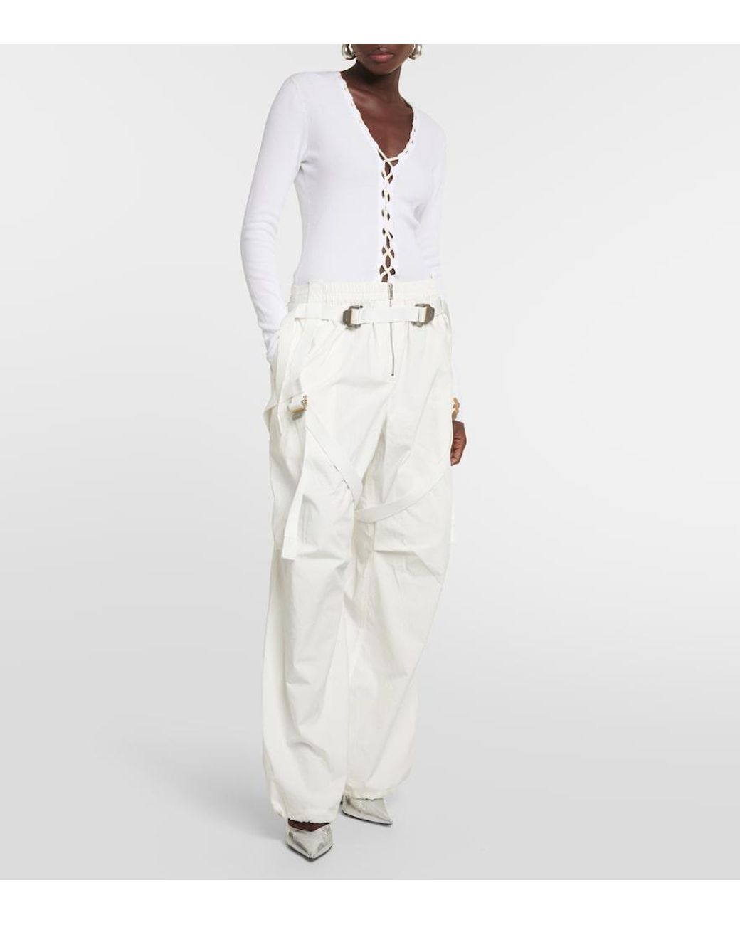 Dion Lee White Lace-Up Ribbed-Knit Cotton Cardigan