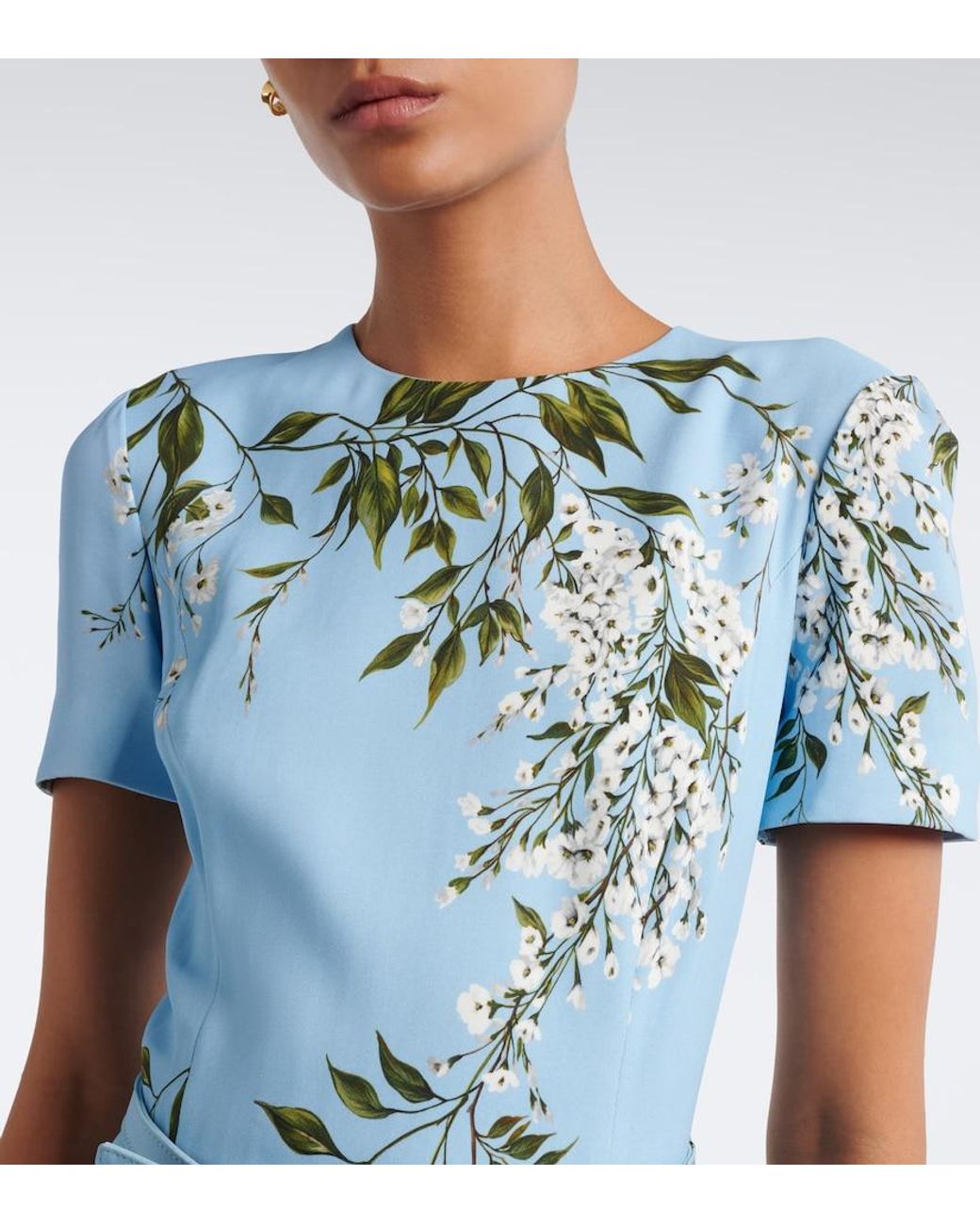 Monique Lhuillier Blue Floral Belted Midi Dress