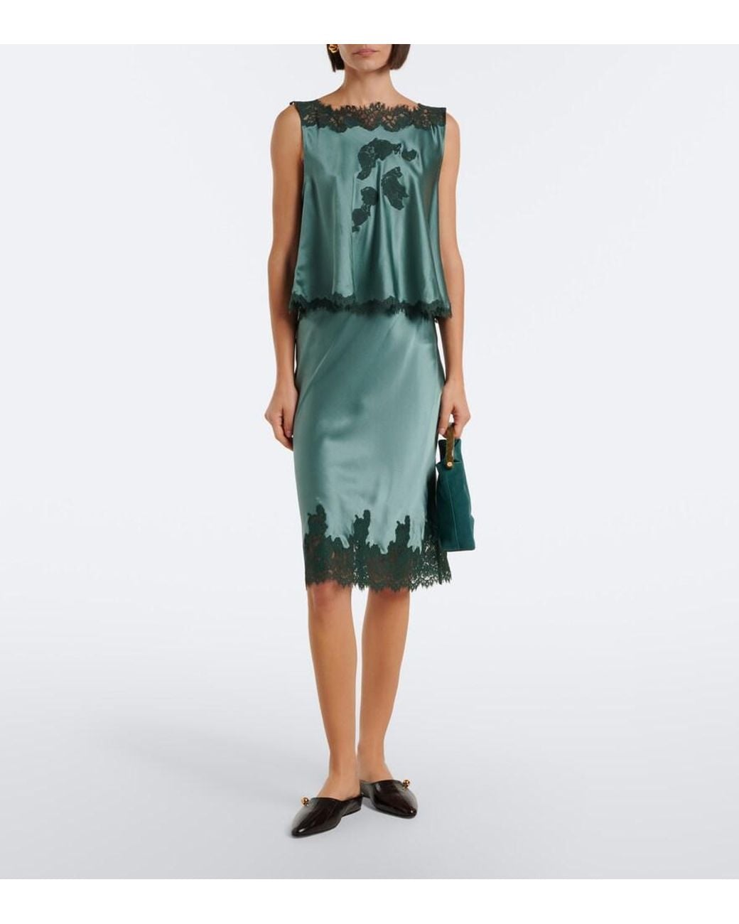 Doen Green Elowette Lace-Trimmed Silk Satin Midi Skirt