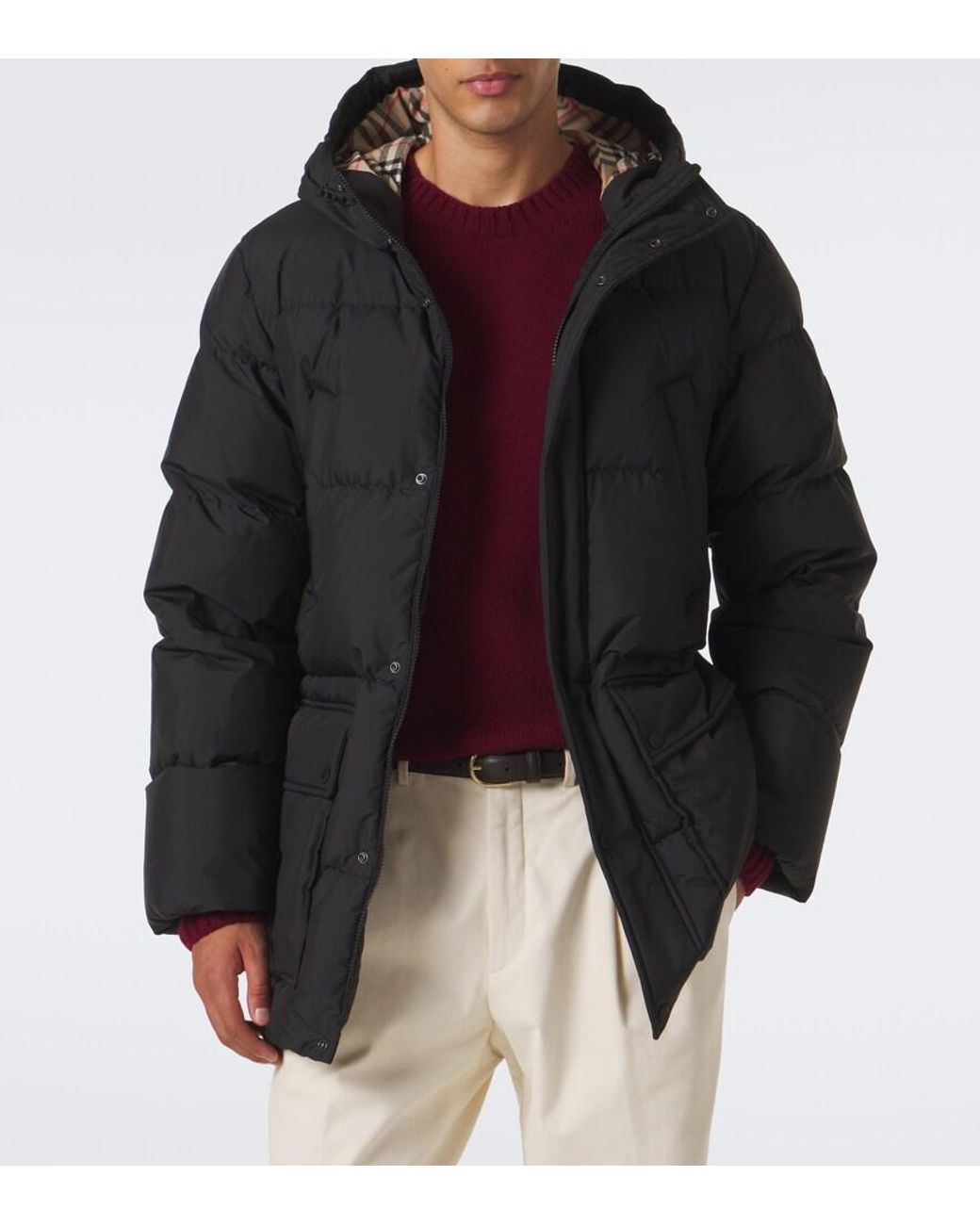Burberry Black Check Hooded Down Coat for men