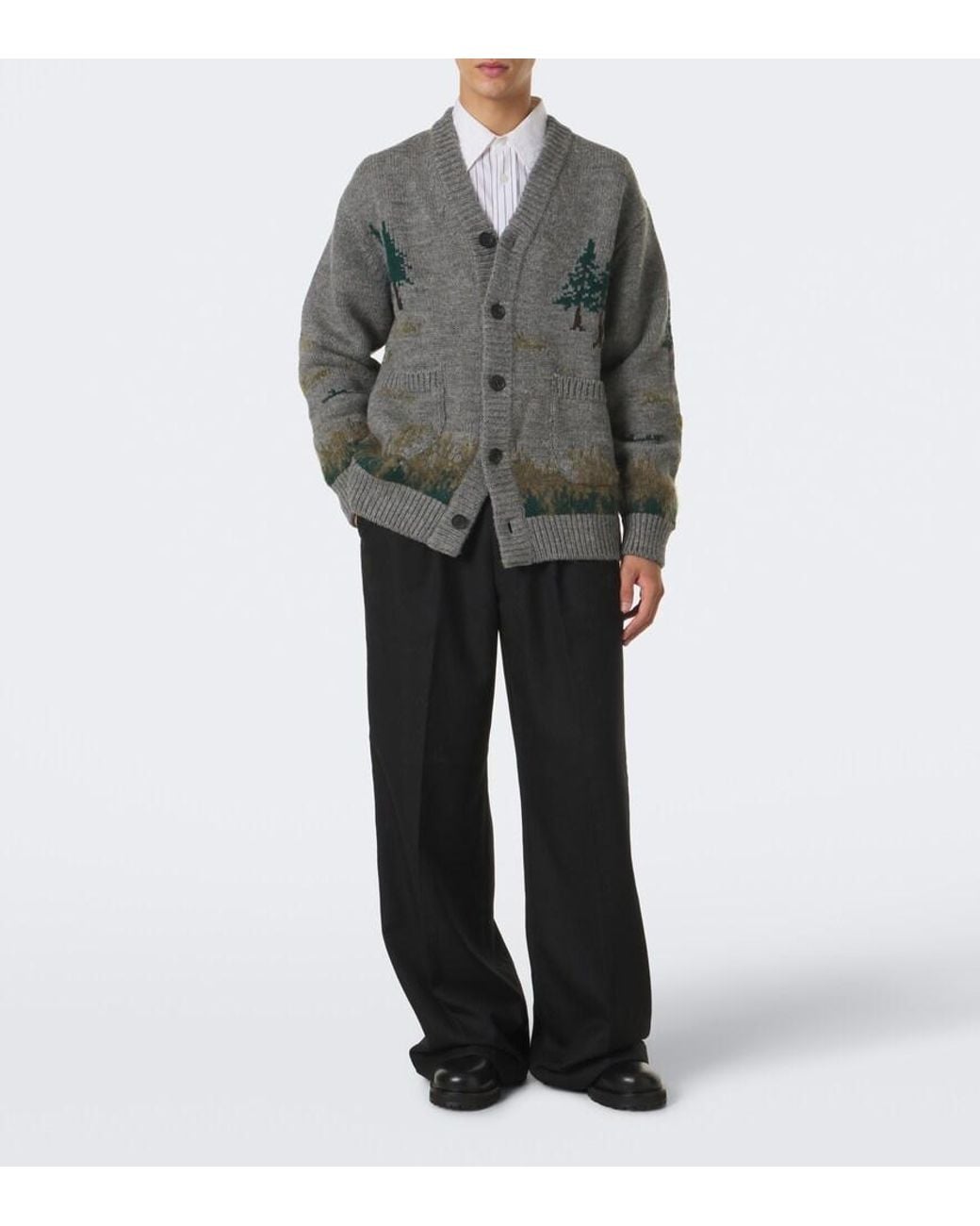 Junya Watanabe Gray Intarsia Wool And Mohair-Blend Cardigan for men