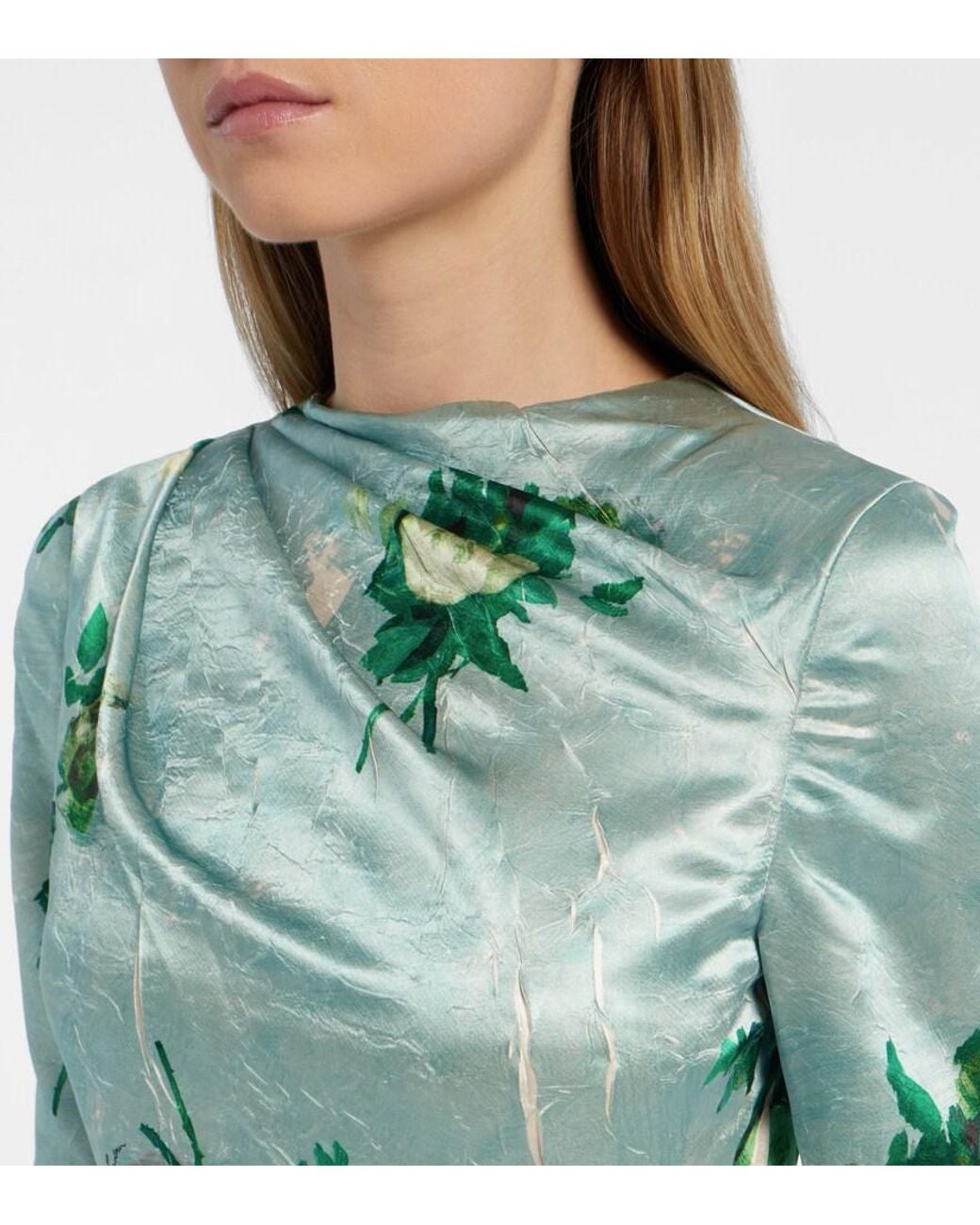 Erdem Green Draped Floral Satin Midi Dress