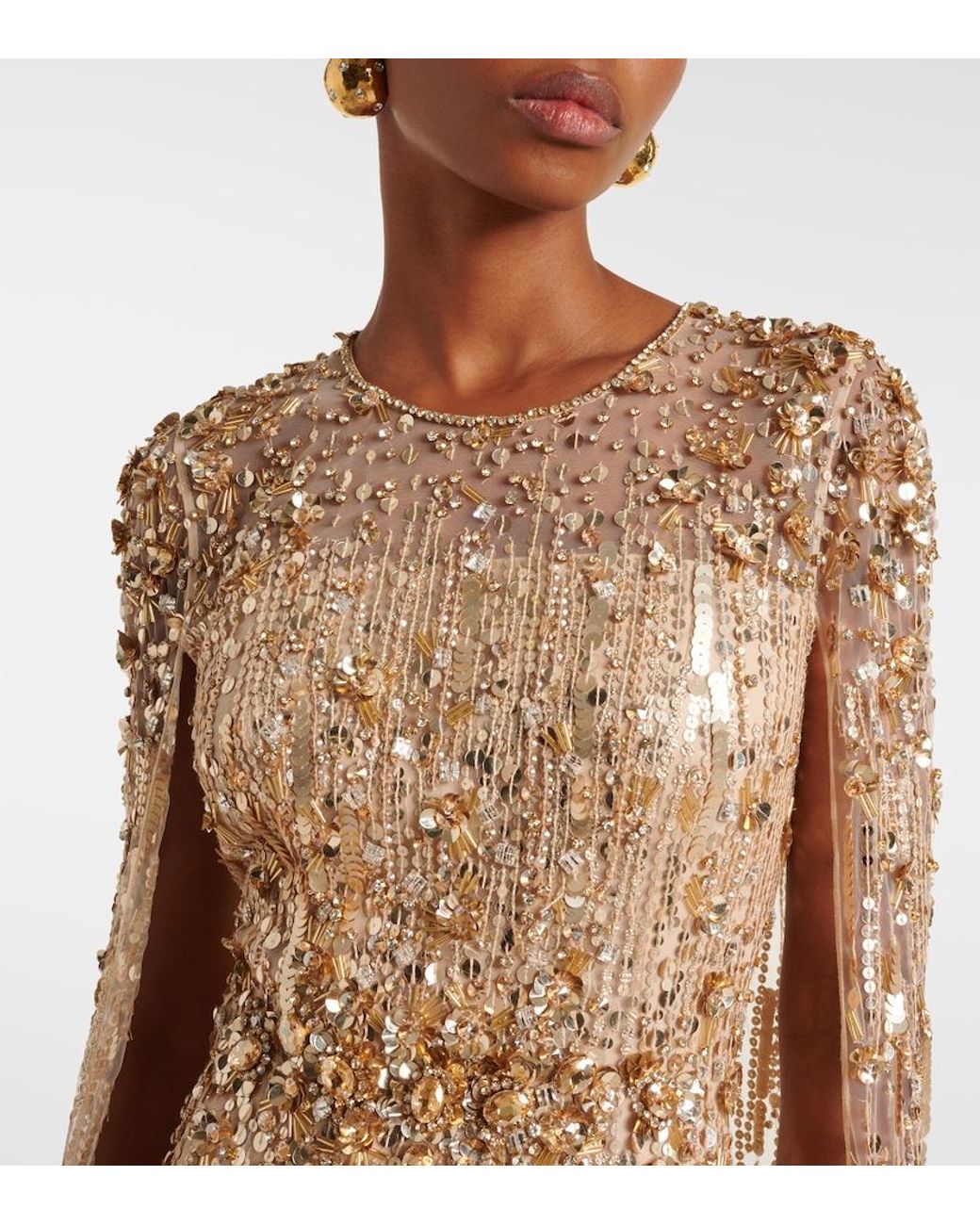 slim fit dress slacks Gold Beaded Cape Evening Gown with Draped Detail