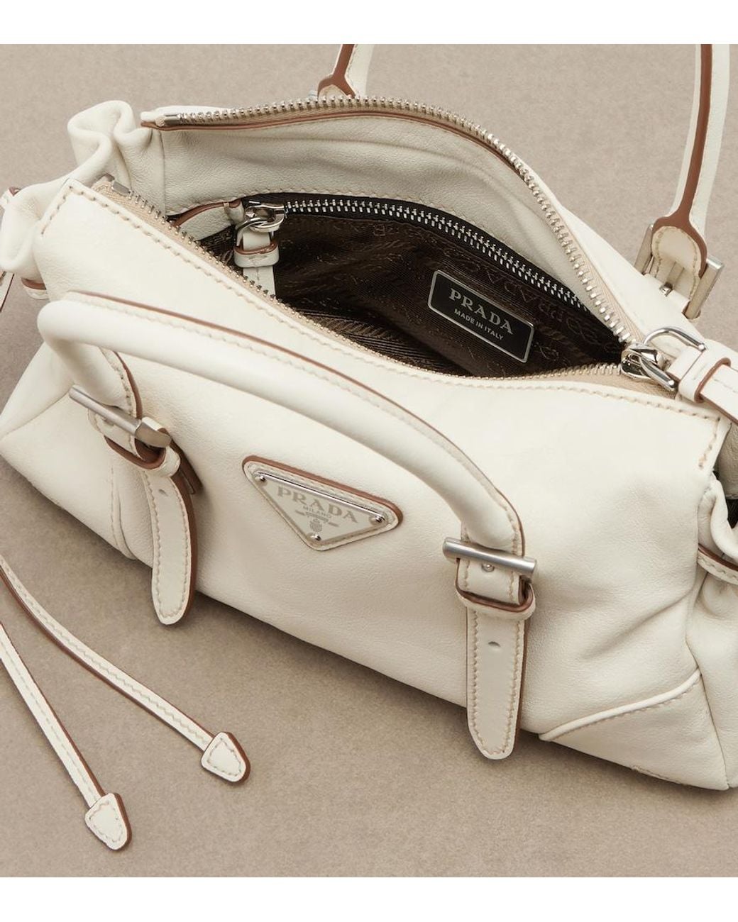 Prada White Karin Small Leather Top-Handle Bag