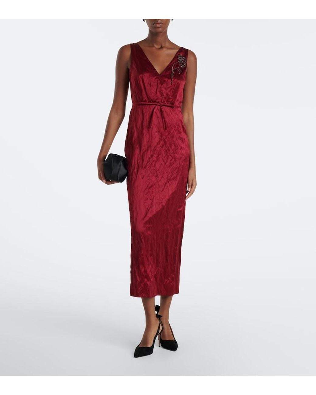 Erdem Red Embellished Satin Cocktail Dress