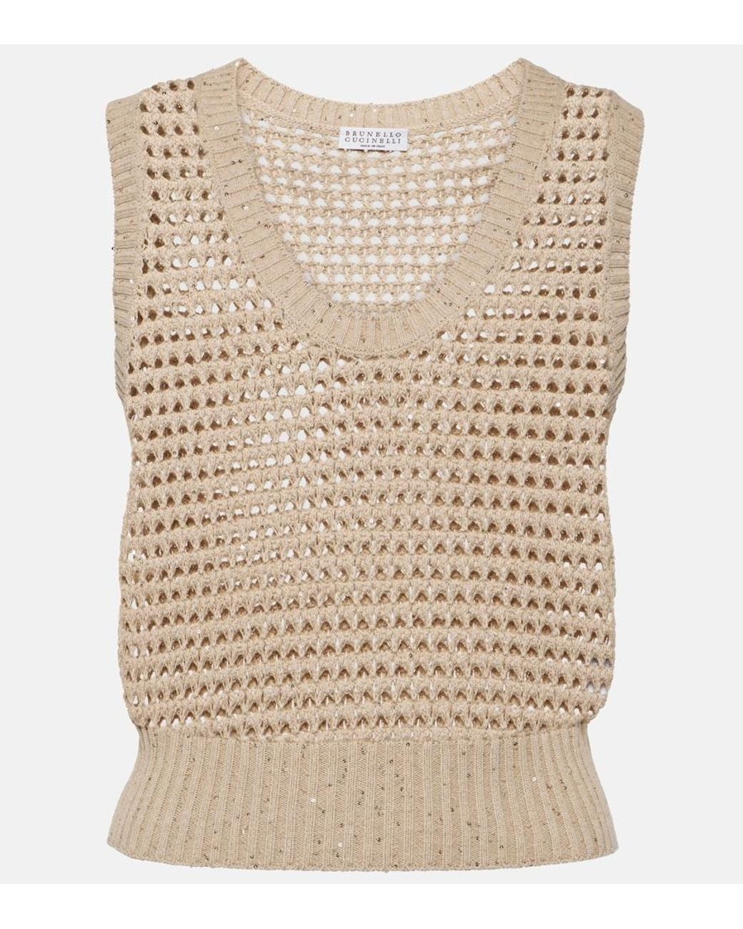 Brunello Cucinelli Natural Sequined Open-Knit Cotton-Blend Vest