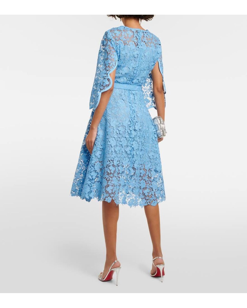Oscar de la Renta Belted Lace Midi Dress in Blue | Lyst