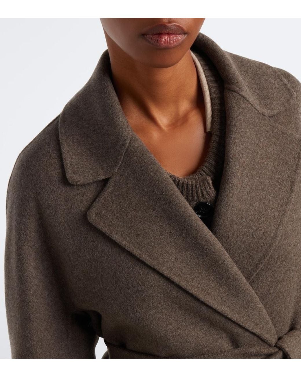 Max Mara Brown Scarf-Detail Virgin Wool Wrap Coat
