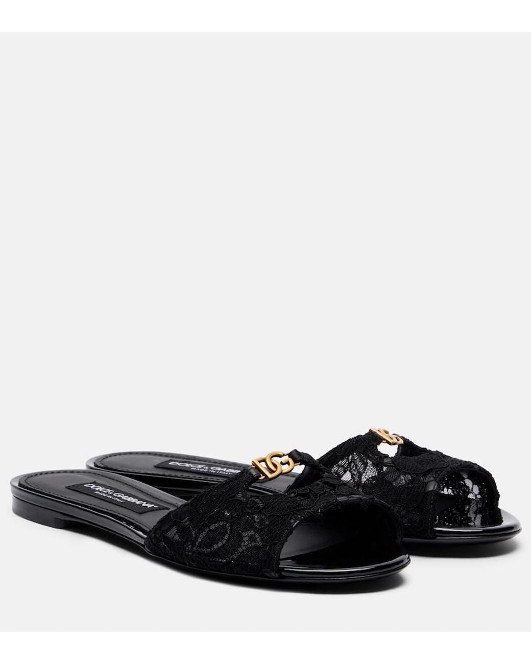 Dolce & Gabbana Black Dg Leather-Trimmed Lace Slides