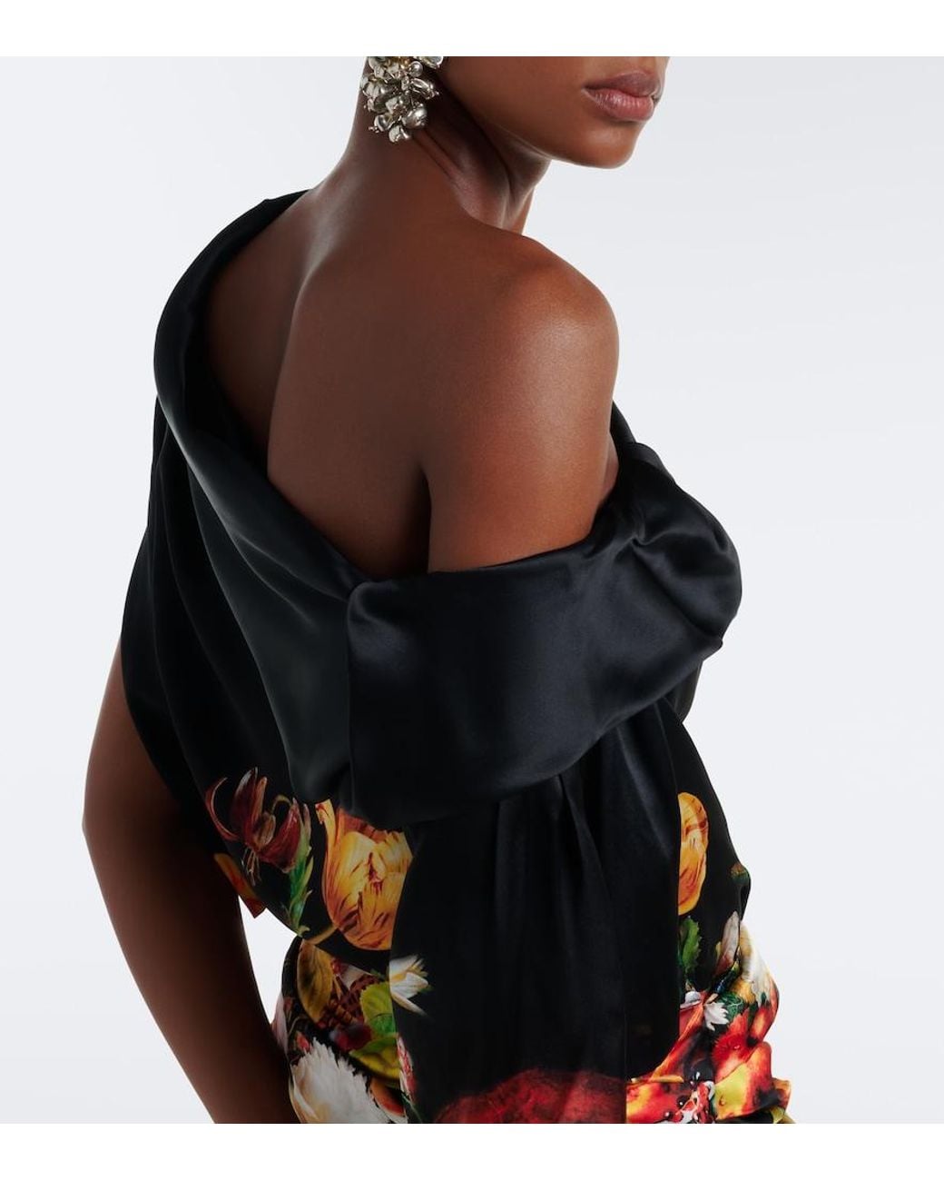 Dries Van Noten Black Draped Printed Silk Satin Gown