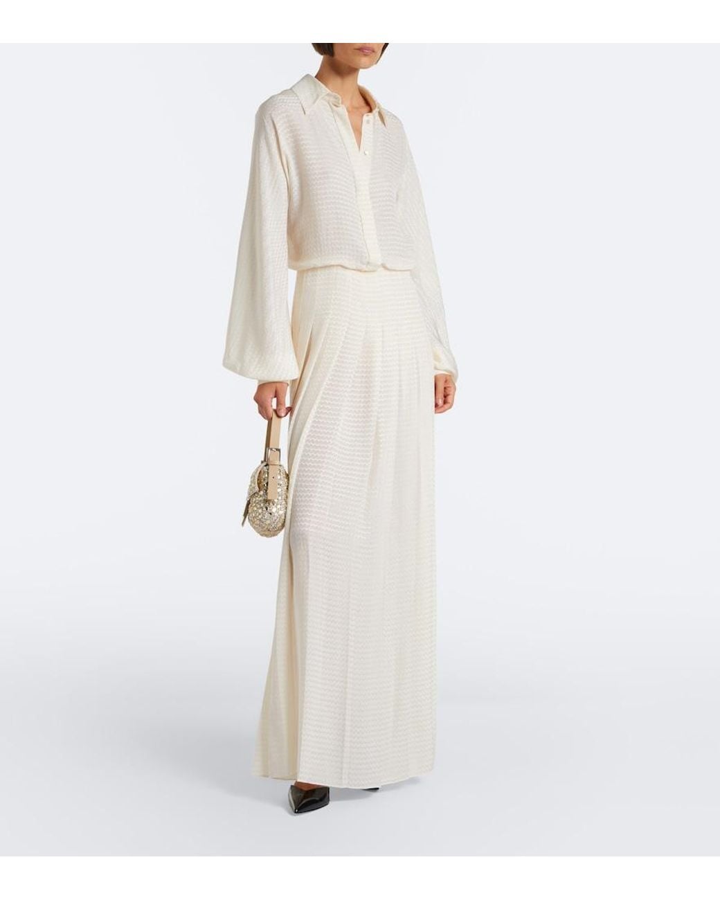 Fendi White Plisse Silk Crepe Maxi Dress