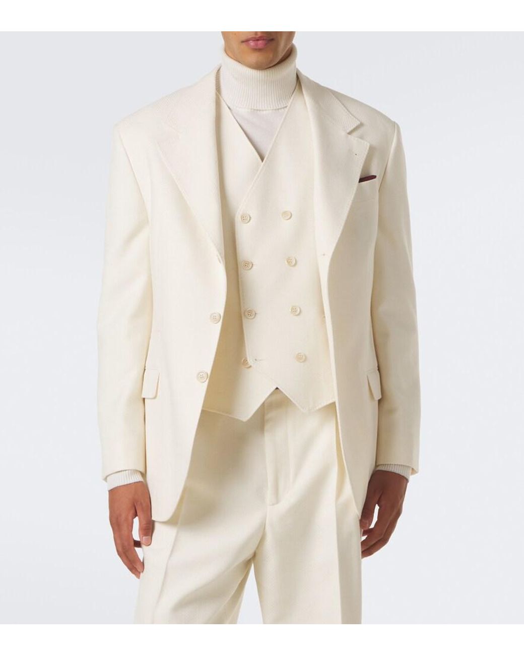 Brunello Cucinelli Natural Herringbone Wool And Cotton Blazer for men