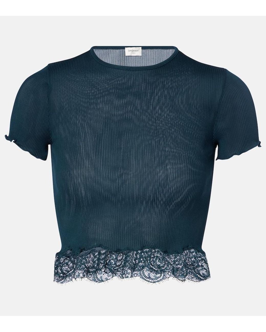 Saint Laurent Blue Lace-Trimmed Cropped Silk T-Shirt