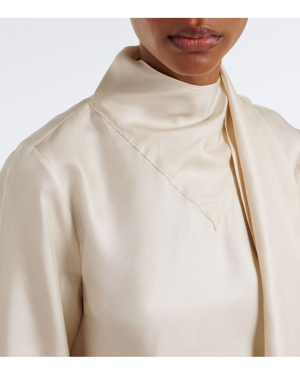 Loulou de Saison White Gala Draped Scarf-Detail Silk Twill Top