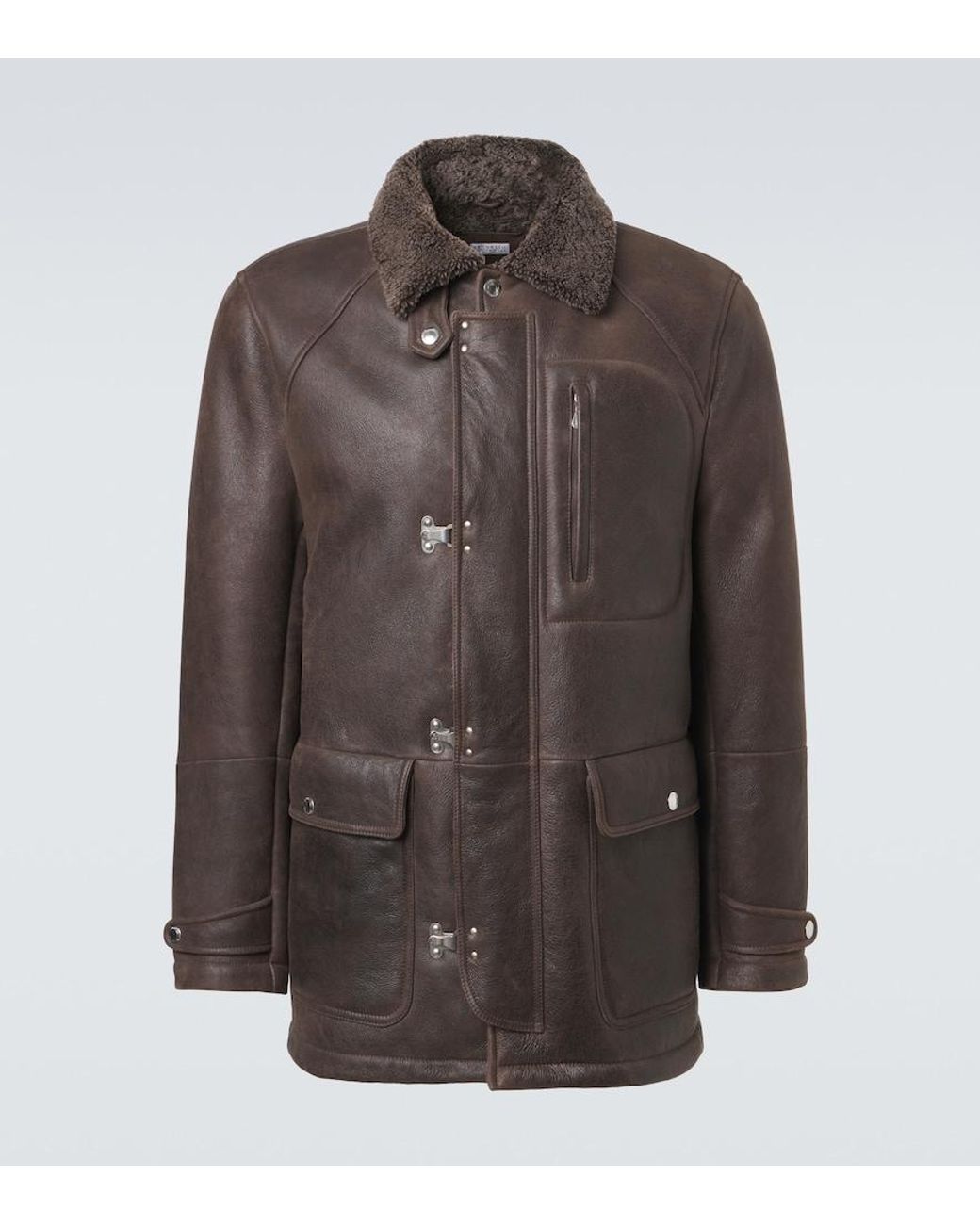 Brunello Cucinelli Brown Shearling-Lined Leather Jacket for men
