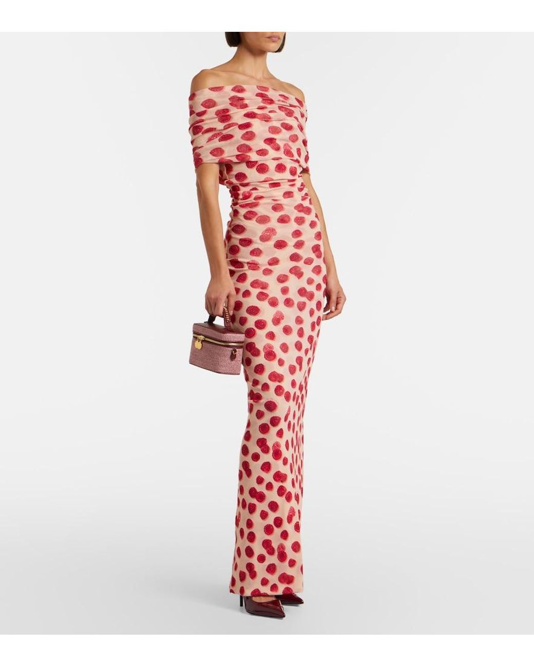 Stella McCartney Red Off-Shoulder Printed Mesh Maxi Dress