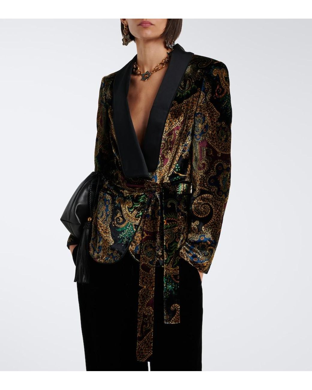 Etro Black Belted Paisley Satin-Trimmed Velvet Blazer