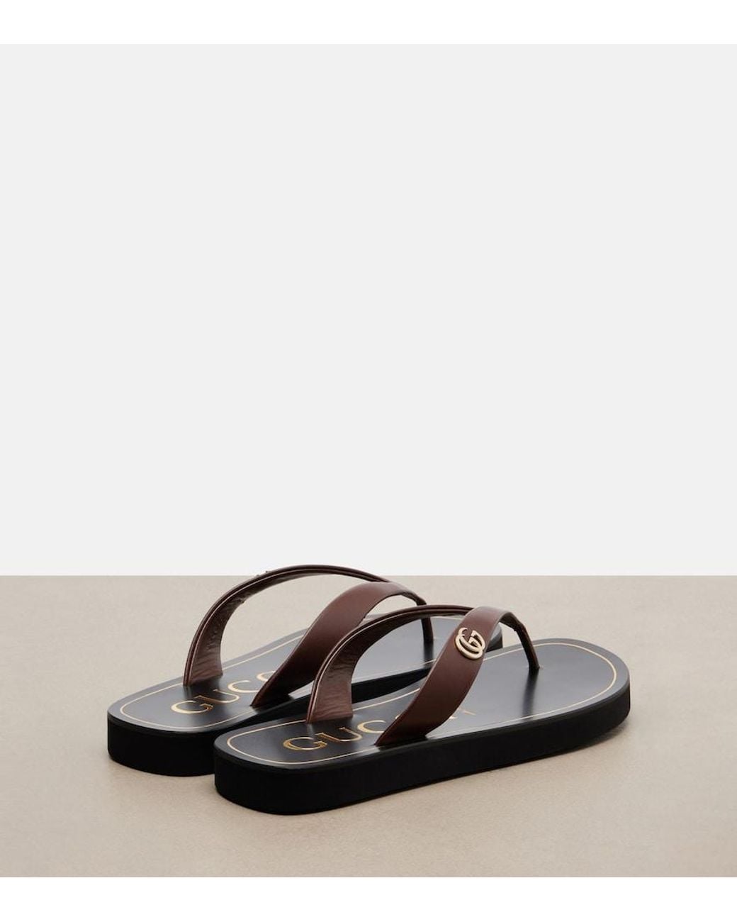 Gucci Brown Double G Leather Thong Sandals