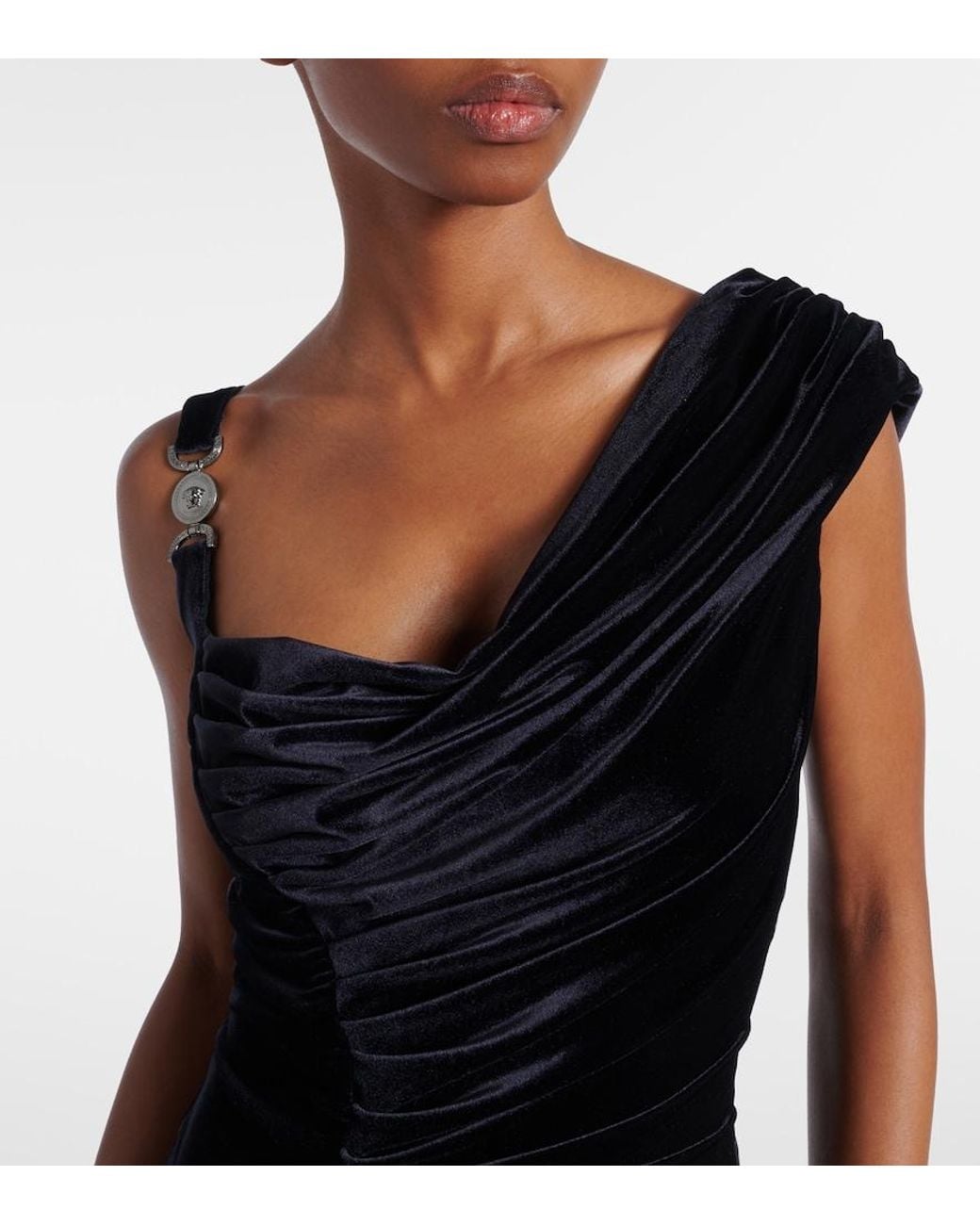 Versace Black Asymmetric Gathered Velvet Gown