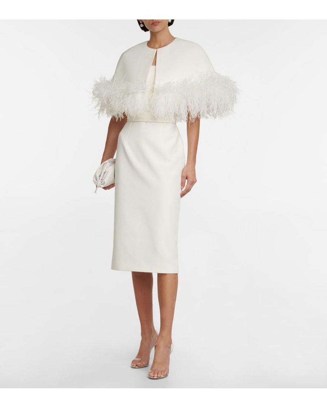 Safiyaa White Bridal Feather-trimmed Crepe Midi Dress